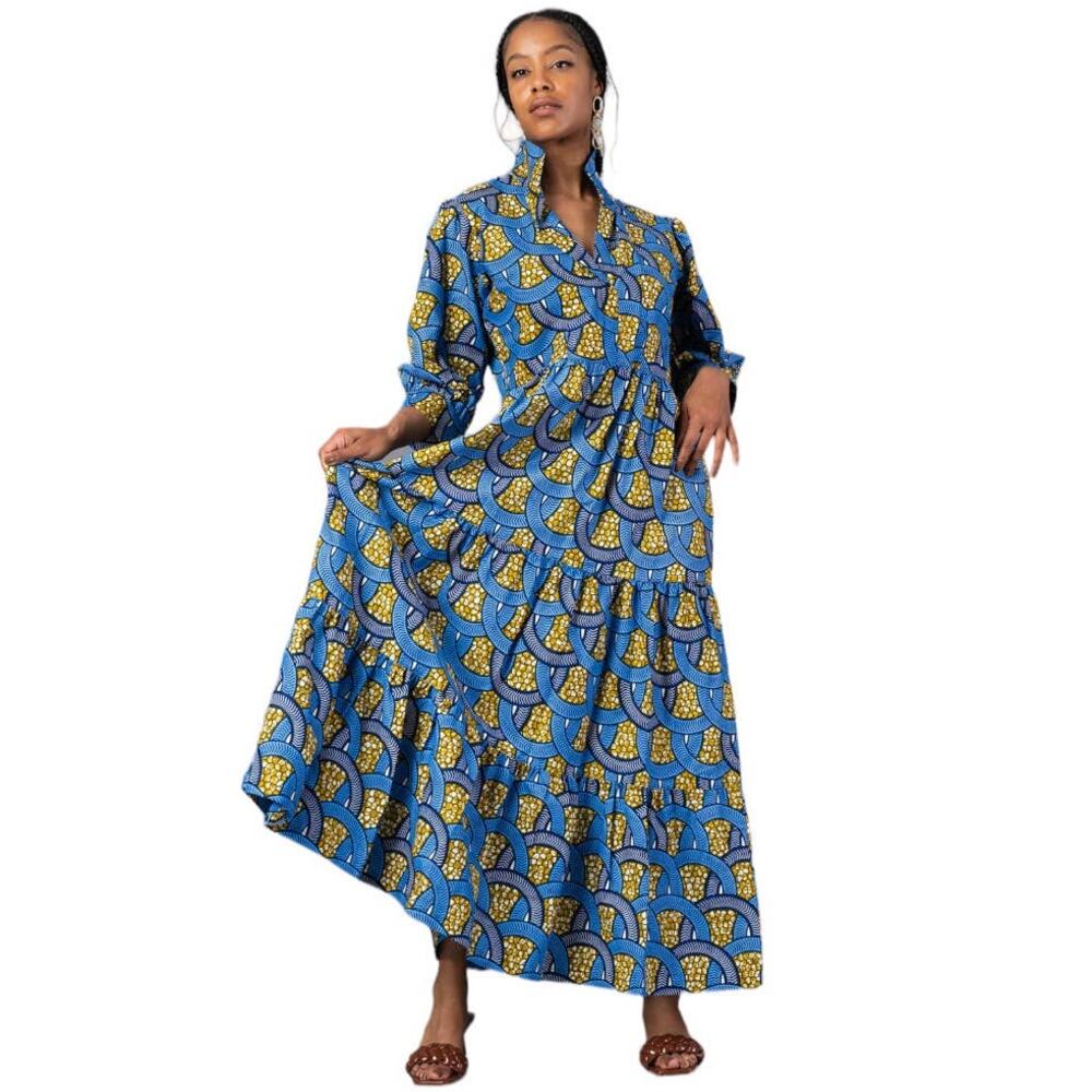 The Oula Company Tiered Midi Dress Blue Grass Size M Maxi Pockets 3/4 Sleeve